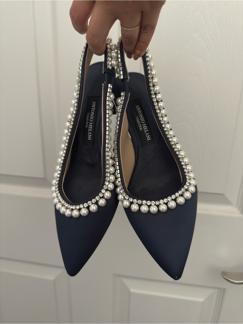 ANTONIO MELANI Navy Pearl & Rhinestone Slingback Flats
